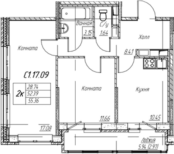 2-комнатная квартира 55.36 м², 17/22 эт., ЖК «Парк-квартал Юнтолово»